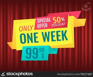 Advertisement of exclusive offer, hot discount percent, only one day. Retail sale poster, shopping icon, marketing symbol. Cheap, deal promotion, lowering of prices. Red curtain theater background. Hot Price Poster, Exclusive Offer, Business Vector