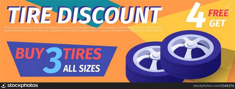 Advertisement Offering Car Tire Discount. Realistic Isometric Auto Wheels and Editable Text. Vector 3d Illustration on Color Backdrop. Promotion Header Banner for Automotive Service, Garage. Advertisement Offers Car Tire Discount in Workshop