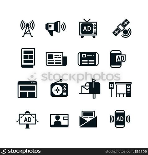 Advertisement on screen, advertising on television, outdoor ad, online ads vector icons. Advertisement and announcement broadcast radio, advertising in newspaper and TV illustration. Advertisement on screen, advertising television, outdoor ad, online ads vector icons