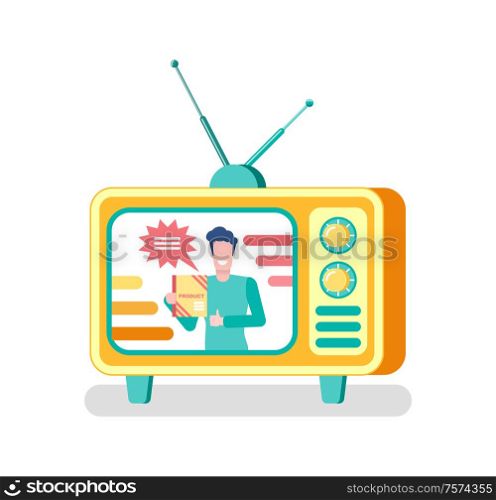 Advertisement on television vector, advertising of products via tv set. Isolated icon of mass media, man with adverts, old fashioned monitor with antenna. Host on Show Advertising Product on TV Mass Media