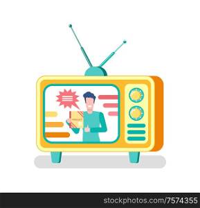 Advertisement on television vector, advertising of products via tv set. Isolated icon of mass media, man with adverts, old fashioned monitor with antenna. Host on Show Advertising Product on TV Mass Media