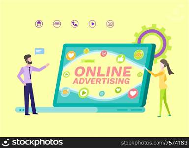 Advertisement online in internet vector. People dealing with promotion and digital marketing, chatting icon and likes from social media, announcement. Online Advertisement, People with Laptop Scren