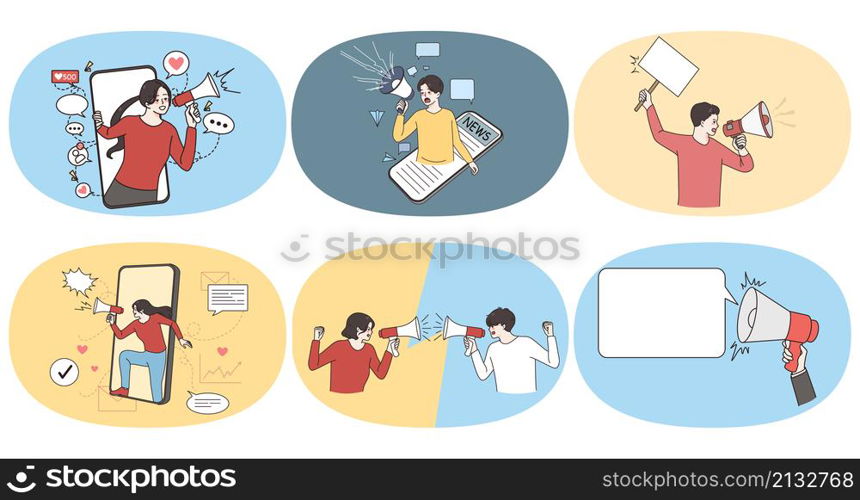 Advertisement promotion and marketing concept. Set of young people shouting screaming to megaphone speaker trying to attract attention showing sales news and strategy vector illustration. Advertisement promotion and marketing concept