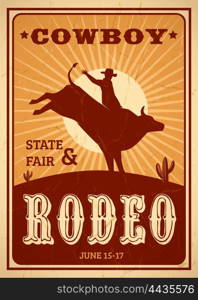 Advertisement Rodeo Poster. Advertisement rodeo poster in retro style with cowboy riding wild horse on sunset background flat vector illustration