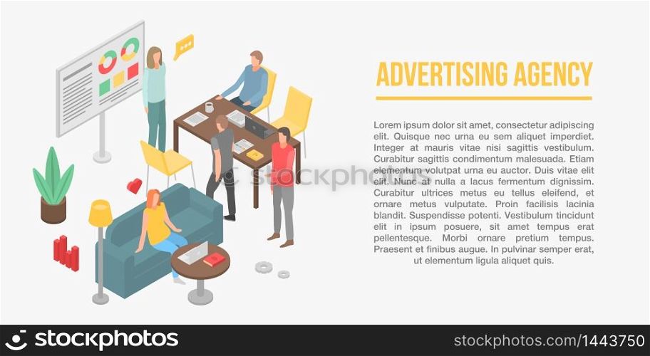 Advertising agency concept banner. Isometric illustration of advertising agency vector concept banner for web design. Advertising agency concept banner, isometric style