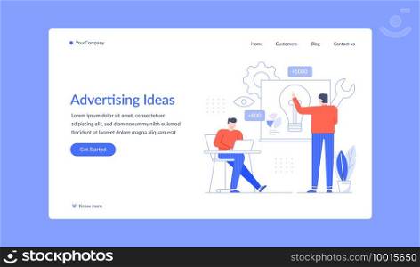 Advertising agency idea landing page, people create. Vector website marketing, web page digital promotion, illustration teamwork development and brainstorming. Advertising agency idea landing page, people create