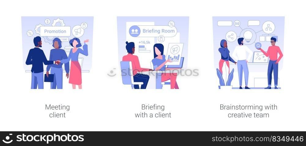 Advertising agency isolated concept vector illustration set. Meeting client, briefing and discussing promotion strategy, brainstorming with creative team, digital marketing vector cartoon.. Advertising agency isolated concept vector illustrations.