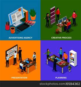 Advertising agency isometric design concept with work place of designer, creative process, presentation, planning isolated vector illustration. Advertising Agency Isometric Design Concept