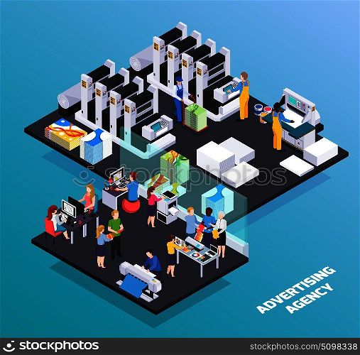 Advertising agency personnel services  isometric composition with ads designers clients promotion printing house production cutting vector illustration.  Advertising Agency Isometric Composition 