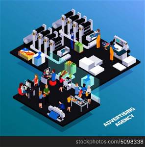 Advertising agency personnel services  isometric composition with ads designers clients promotion printing house production cutting vector illustration.  Advertising Agency Isometric Composition 