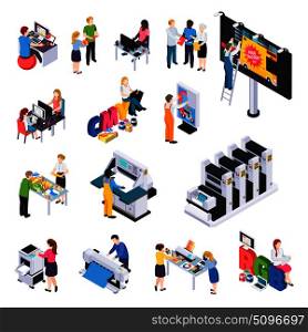 Advertising agency production isometric elements set with ads designers presentations printing cutting installation on billboard vector illustration. Advertising Agency Isomrtric Elements