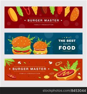Advertising banner designs for fast food delivery. Burger master banners for best quality food. Unhealthy meal and nutrition concept. Template for poster, promotion or web design