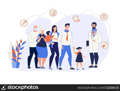 Advertising Banner Family Medicine Cartoon Flat. Large Family Came for Routine Checkup to Family Doctor. Elderly Parents with Adult Children and Grandchildren Talk to Doctor. Vector Illustration.