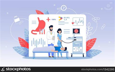 Advertising Banner Fibroscopy Stomach Cartoon. Medical Procedure to Correctly Diagnose. Man is Being Examined at Clinic and Doctor and Nurse are Standing Nearby. Vector Illustration.