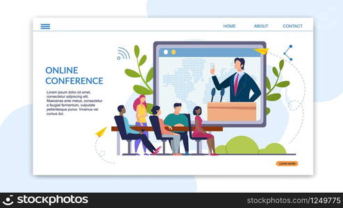 Advertising Banner Inscription Online Conference. Organization Working Day and Workplace. Men and Women Sit in Conference Room and Listen to Speakers Presentation Via Internet. Vector Illustration.