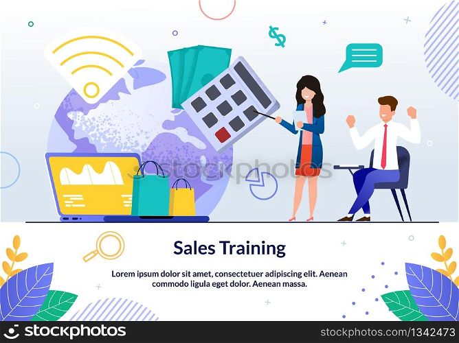 Advertising Banner Inscription Sales Training. Girl Holds Calculator, Man Expresses Joy and Admiration. Woman Teaches an Audience Practical Skills, Man Happily Listens. Vector Illustration.