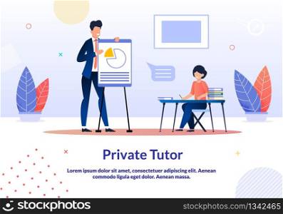 Advertising Banner is Written Private Tutor Flat. Intensive is Focused on Communicative Technique. Man in Suit Shows Chart on Board, Woman Listens. Audience for Training. Vector Illustration.