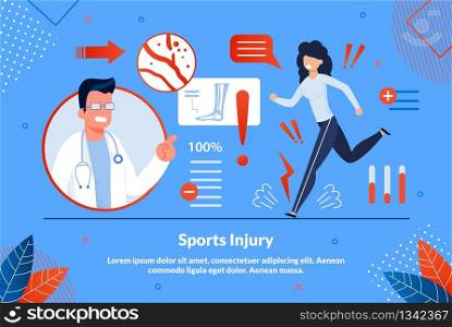 Advertising Banner is Written Sports Ingury Flat. Degree Accuracy and Reliability Analysis. Girl Athlete Runs with Leg Pain, Doctor Warns Consequences Cartoon. Vector Illustration.