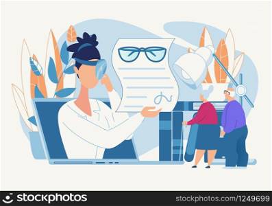 Advertising Banner Oculist Prescription Cartoon. Female Doctor Selects Glasses for Improving Eyesight for Older People. An Elderly Couple came Together to an Optometrist. Vector Illustration.