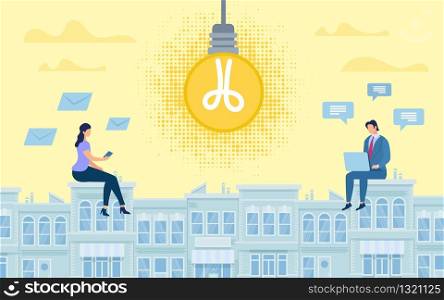 Advertising Banner Online Collaborative Idea. Poster Conceptual Idea Sharing Ideas Online. Man And Woman are Sitting on Ro House Next to Large Glowing Light Bulb. Vector Illustration.