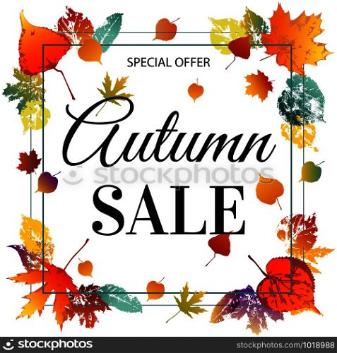 Advertising banner or poster autumn sale with bright autumn leaves in orange color, you can use it to advertise the store in print and on the website.Vector illustration with isolated objects. Advertising banner or poster autumn sale with bright autumn leaves in orange color, you can use it to advertise the store in print and on the website. Vector illustration with isolated objects
