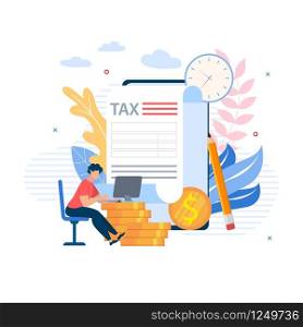 Advertising Banner Projects Budget Cartoon Flat.Increase in Work Efficiency. Guy Sits at Table and Works at Laptop on Background Gold Coins and Large Document. Vector Illustration.