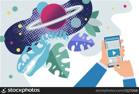 Advertising Banner Recording Sounds Space Flat. Conceptual Idea Available Scientific Data on Internet. Male Hand Presses Player Button on Smartphone Screen Cartoon. Vector Illustration.