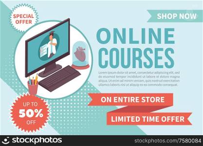 Advertising banner represented special offer on online courses up to 50 percents off isometric vector illustration