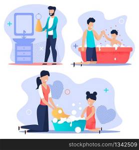 Advertising Banner Set Family Clean House, Flat. Joyful Father Bathes His Son. Cheerful Baby in Bath with Foam. Happy Mom Washes with her Daughter. Contented Girl Helps Parents. Vector Illustration.