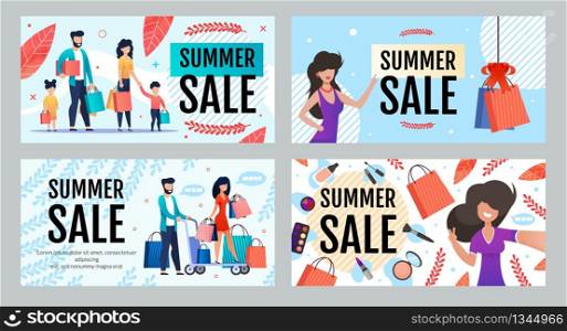Advertising Banner Set Offering Seasonal Summer Sale and Discount. Family Shopping, Sell-out in Beauty Salon and Fashion Shop. Vector Flat People with Paper Bags Illustration. Advertisement Templates. Advertising Banner Set Offering Season Summer Sale