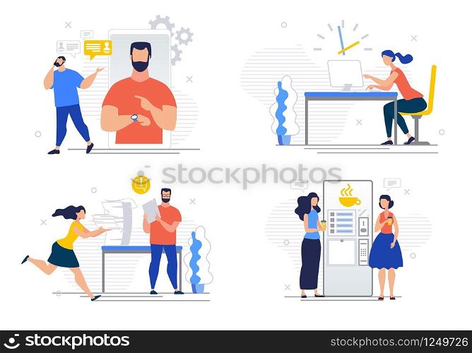 Advertising Banner Set Work Situations Cartoon. Set Division Office into Functional Zones. Office Workers Daily Routine. Allocated Time for Communication and Relaxation. Vector Illustration.