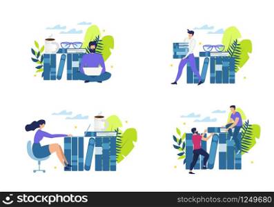 Advertising Banner Successful Student Learning. Set Poster Girl is Studying Science. Guys Share Textbooks and Knowledge. Young Man Carries Books to Teach Profession. Vector Illustration.