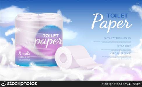 Advertising banner with realistic soft toilet paper, clouds and feathers. Hygiene disposable napkins rolls in plastic package vector. Illustration of advertising with realistic hygiene soft paper. Advertising banner with realistic soft toilet paper, clouds and feathers. Hygiene disposable napkins rolls in plastic package vector concept