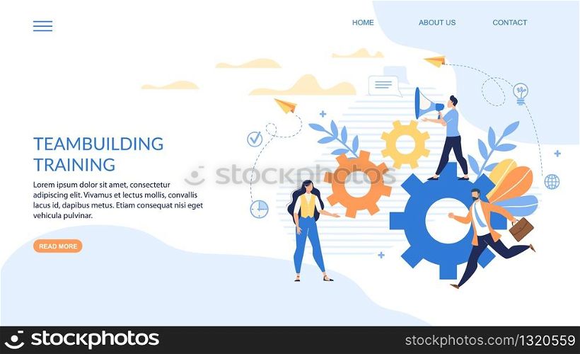 Advertising Banner Written Teambuilding Training. Flyer Creating High-quality Demanded Online Course. Training Will Bring Steady Income. Man Stands on Gear and Speaks into Loudspeaker.