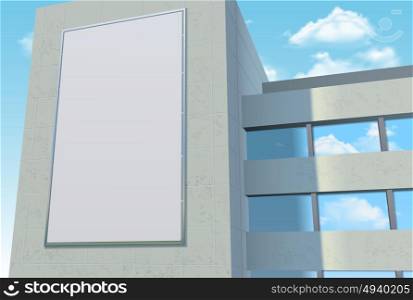 Advertising Billboard Template. Advertising billboard template on the wall of city building with cloudy sky in flat style vector illustration