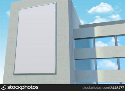 Advertising billboard template on the wall of city building with cloudy sky in flat style vector illustration. Advertising Billboard Template