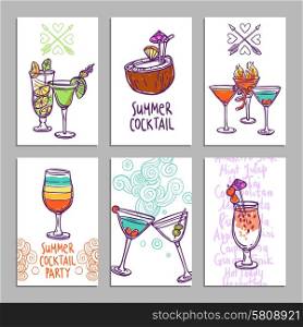 Advertising business cards set with hand drawn alcohol cocktails isolated vector illustration. Cards With Cocktails
