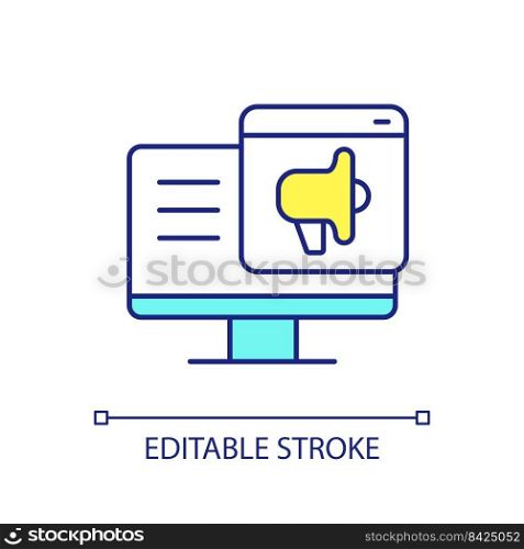 Advertising c&aign on internet RGB color icon. Digital tools for promotion. Online business. Isolated vector illustration. Simple filled line drawing. Editable stroke. Arial font used. Advertising c&aign on internet RGB color icon