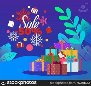Advertising card with sale of 50 percent and colorful present box. Poster of special promotion on Christmas holiday. Xmas postcard decorated by gifts with ribbons, snowflake and leaf symbol vector. Christmas Card with Present and Discount Vector