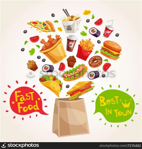 Advertising composition with fast food dishes paper bag and decorated speech bubbles on light background vector illustration. Fast Food Advertising Composition