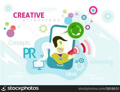 Advertising concept with words PR creative strategies ideas solution. Man looks out of smartphone is holding megaphone from which sounds advertising in cartoon design style