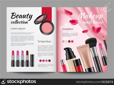 Advertising cosmetics in magazine. Design template of women magazine. Magazine template with product beauty. Vector illustration. Advertising cosmetics in magazine. Design template of women magazine