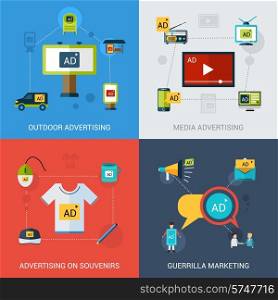 Advertising design concept set with outdoor media souvenirs marketing flat icons isolated vector illustration