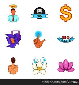 Advertising discount icons set. Cartoon set of 9 advertising discount vector icons for web isolated on white background. Advertising discount icons set, cartoon style