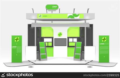 Advertising exhibition colorful dummy box realistic 3d design composition with infographic stands promo posters and highlighting vector illustration. Green Energy Exhibition Stand Design