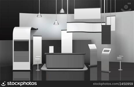Advertising exhibition stand 3d mockup with counter, displays, horizontal and vertical blank banners, hanging lamps vector illustration. Advertising Exhibition Stand 3D Mockup