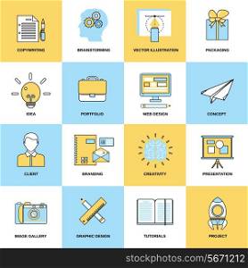 Advertising flat line icons set with copywriting brainstorming packaging vector illustration