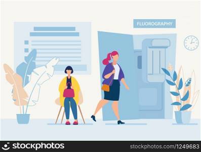 Advertising Flyer Cabinet Fluorography in Clinic. Banner Woman Sits in Line for an Appointment with Specialist in Fluorography. Poster Girl Attends in Office X-ray. Vector Illustration.