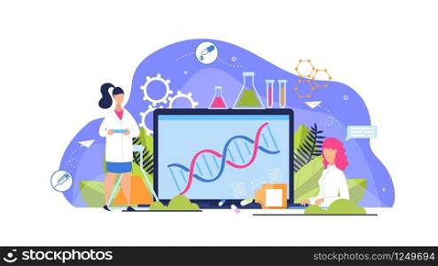 Advertising Flyer Genetic Analysis Cartoon Flat. Poster Pharmaceutical Company Conducts Experiments with Human Genome. Banner Doctors Monitor Body Variability. Vector Illustration.