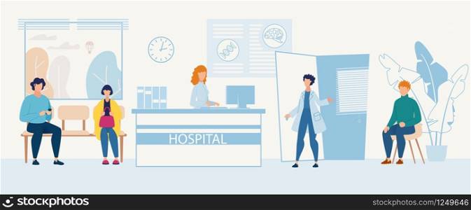 Advertising Flyer Hospital Admission Department. Territory Medical Center. People are Waiting for Doctor at Hospital Admission. Doctor Invites Patient to Office. Vector Illustration.